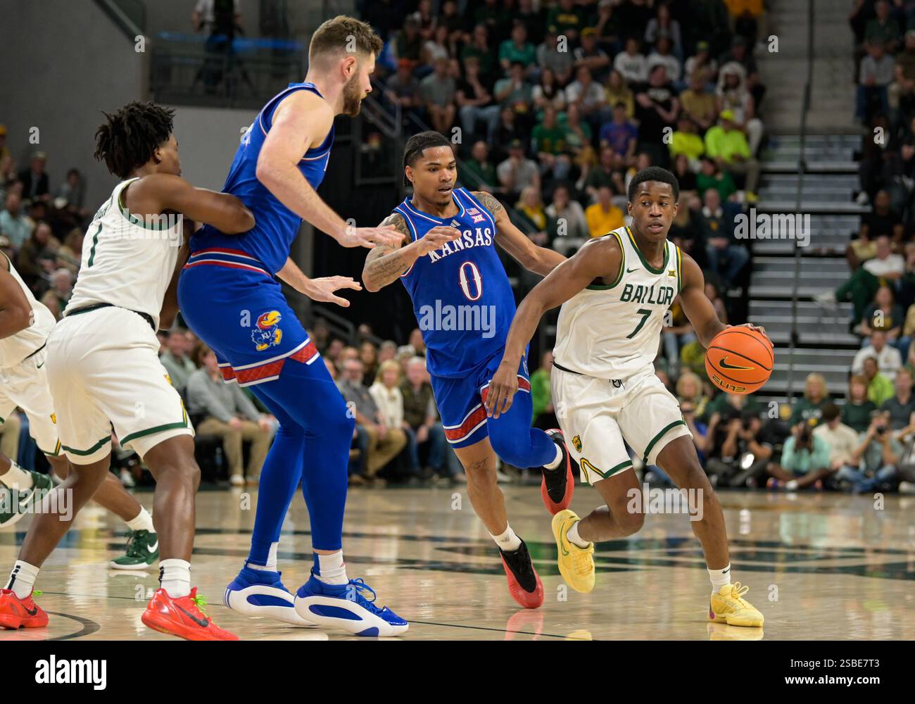 February 1, 2025 Kansas Jayhawks guard Shakeel Moore (0) guards Baylor