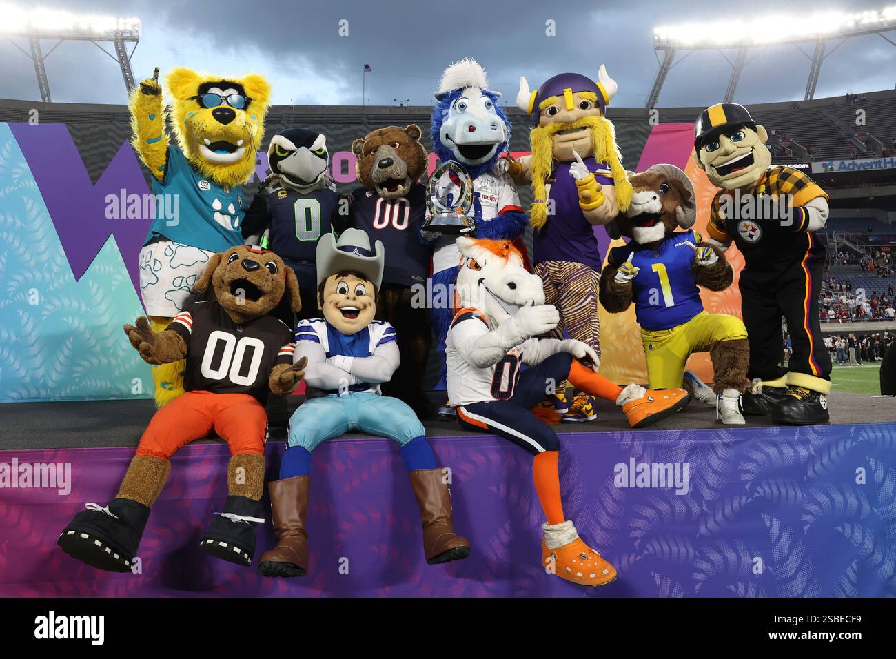 Team mascots pose for a group photo following the NFL Pro Bowl Game on