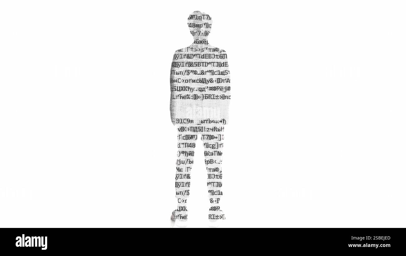 Glitch silhouette. Media influence. Pixel encryption code noise double exposure of man isolated on white copy space background. Stock Photo