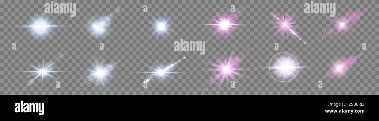 Pink and blue lens flares set. Sun flash with rays or spotlight and ...