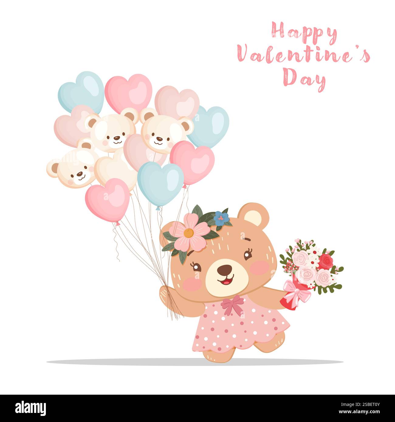 Cute teddy bear girl with bouquet and balloons illustration, isolated ...