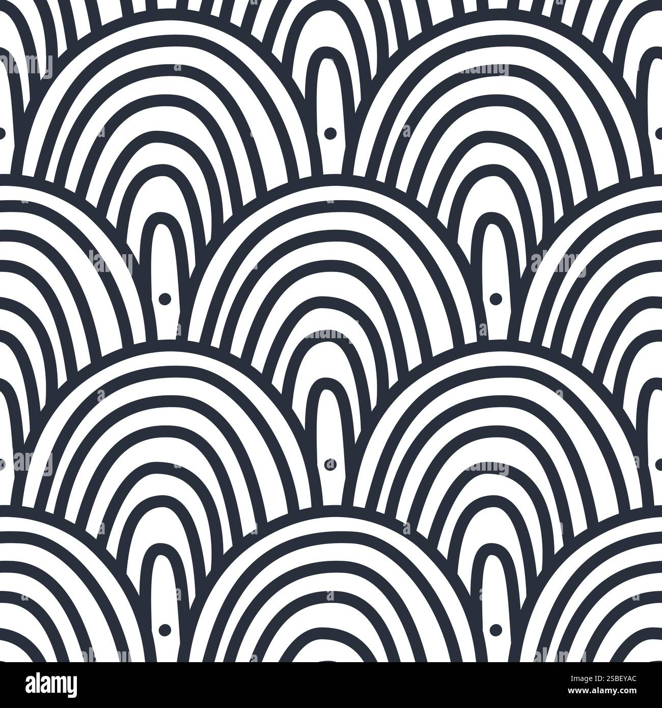 Sea scallop seamless pattern. Ocean wave endless background. Simple arch repeat cover. Seigaiha oriental continuous ornament. Surface pattern line des Stock Vector