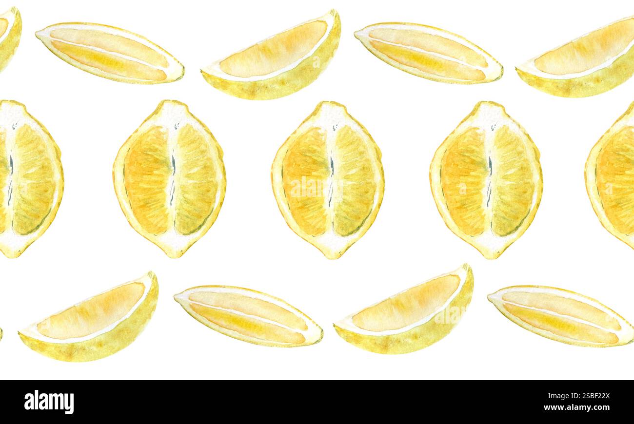 Horizontal Lemon Lemon half fruit and two slices watercolor seamless horizontal border ...