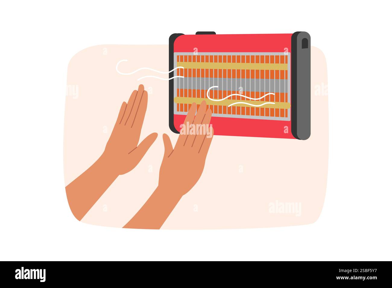 Hands near electric heater that allows to stay warm in cold winter