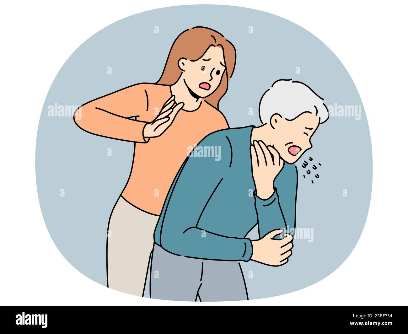 Woman performs heimlich maneuver for choking old man who needs help due to airway obstruction. Sick human choked on food and coughed standing near girl ready to do heimlich maneuver Stock Vector