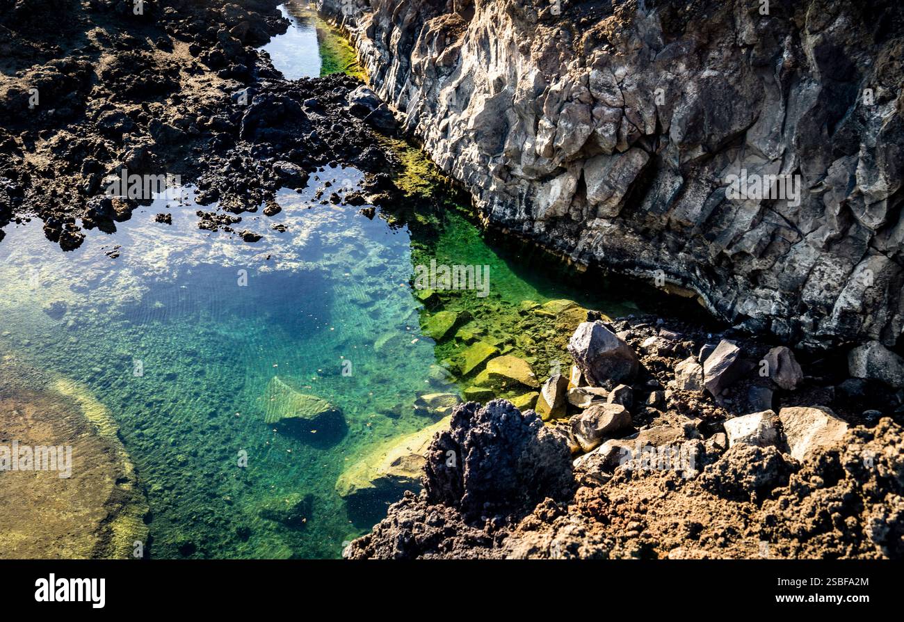 A serene natural landscape featuring a rocky shoreline with clear green ...