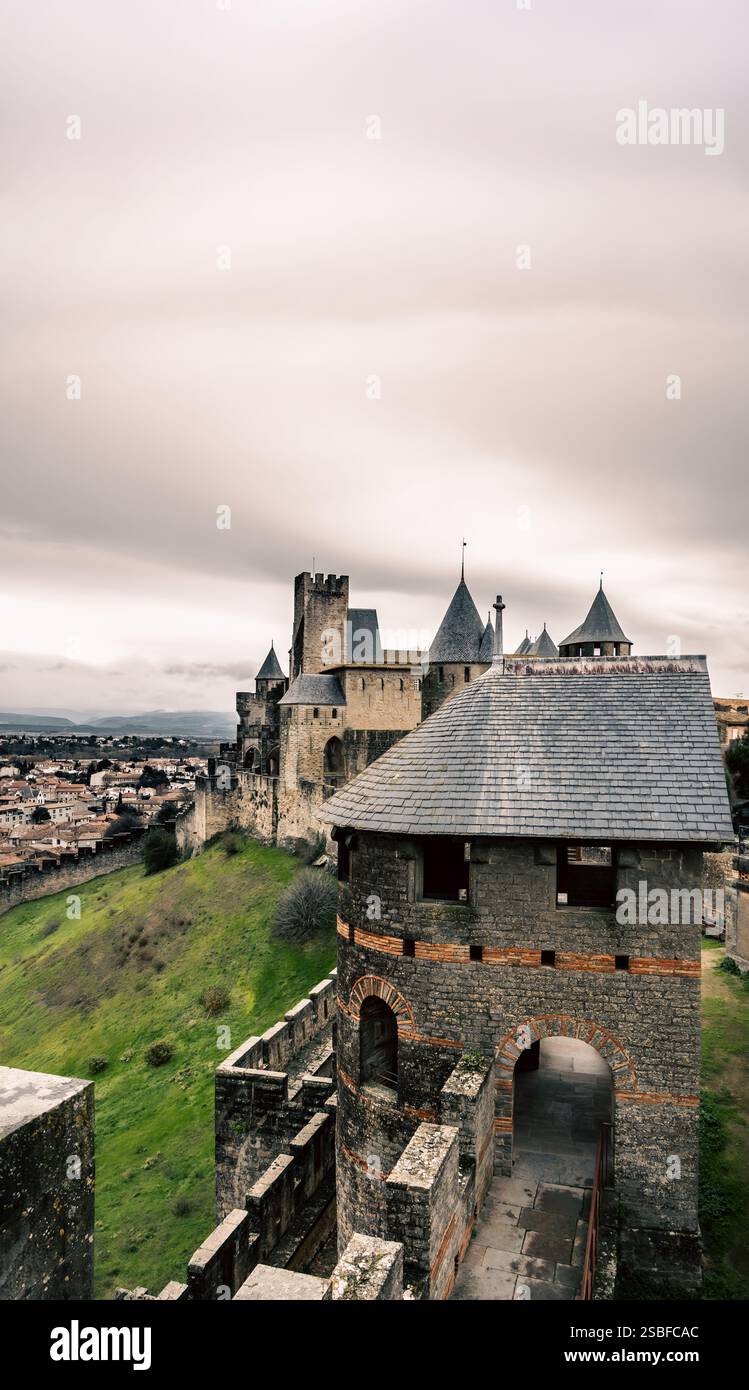 Aerial view of the ramparts, medieval towers and patrol path of the ...