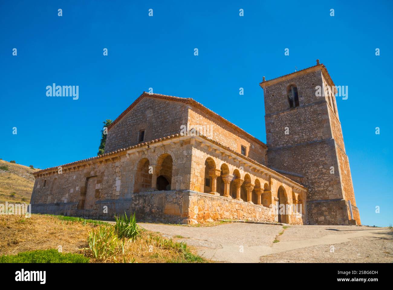 Facade of San Miguel church. Andaluz, Soria province, Castilla Leon, Spain. Stock Photo