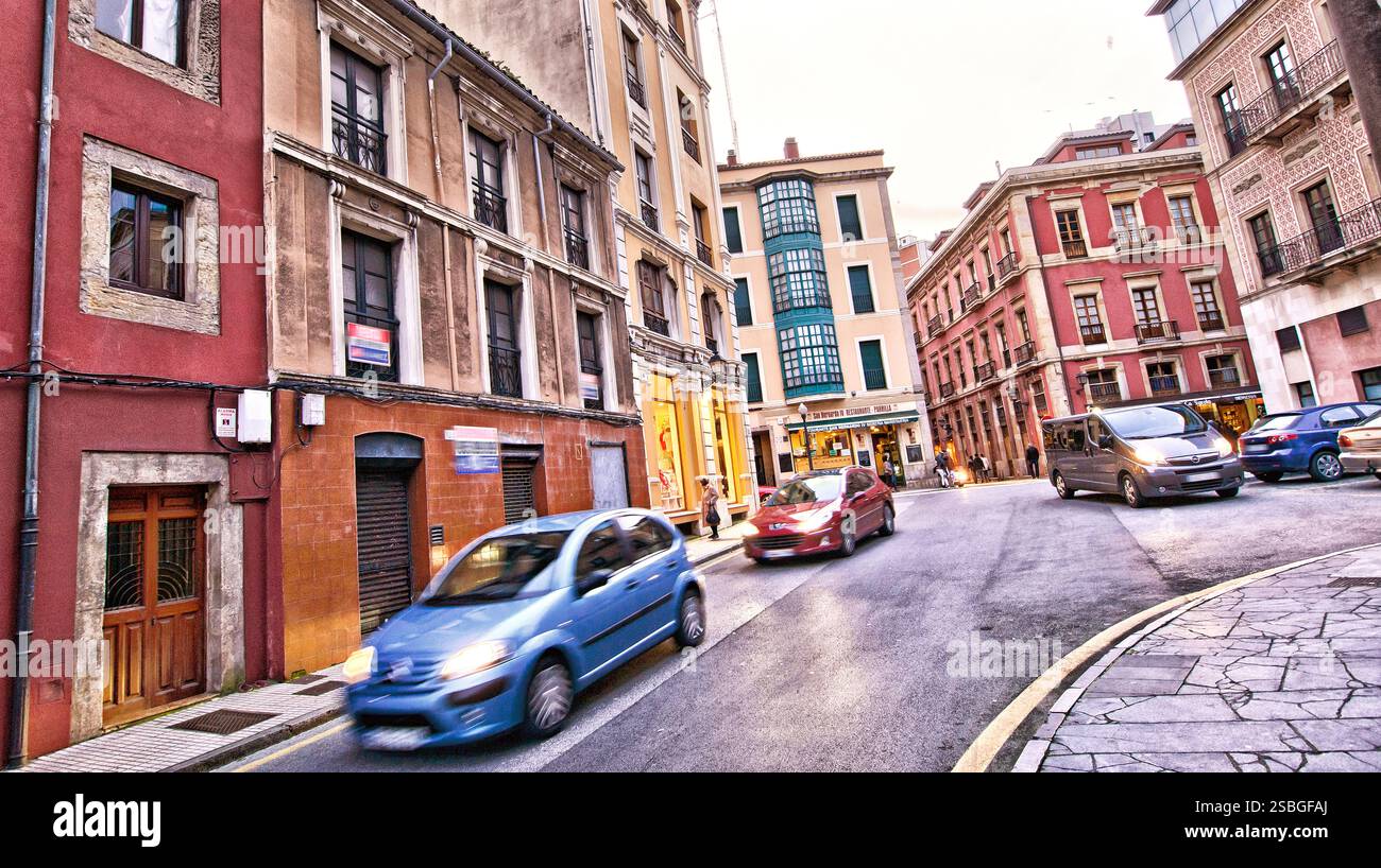 Street Scene, Traditional Architecture, Gijón, Asturias, Spain, Europe Stock Photo
