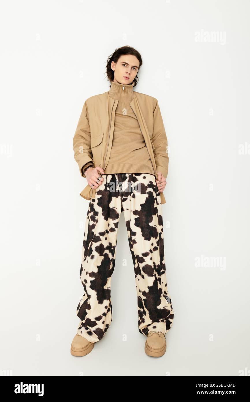 A stylish young man shows off his distinctive look with oversized pants. Stock Photo