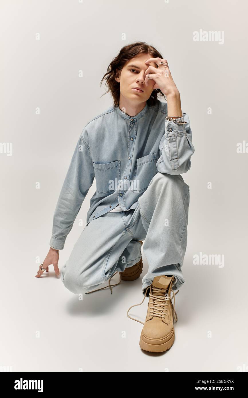 A handsome young man crouches confidently in a relaxed outfit, exuding ...