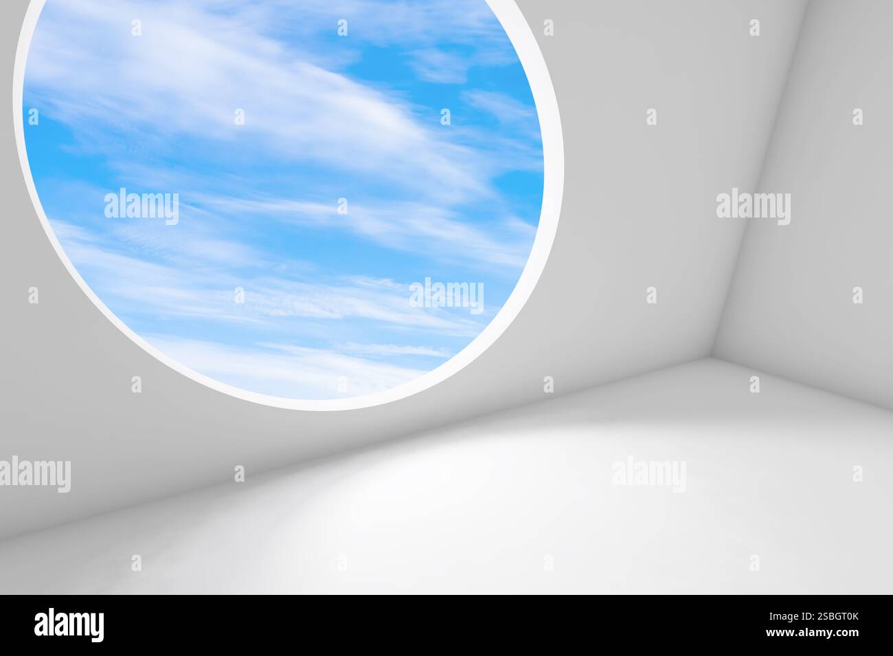 Abstract white interior background, an empty room with blue sky behind ...