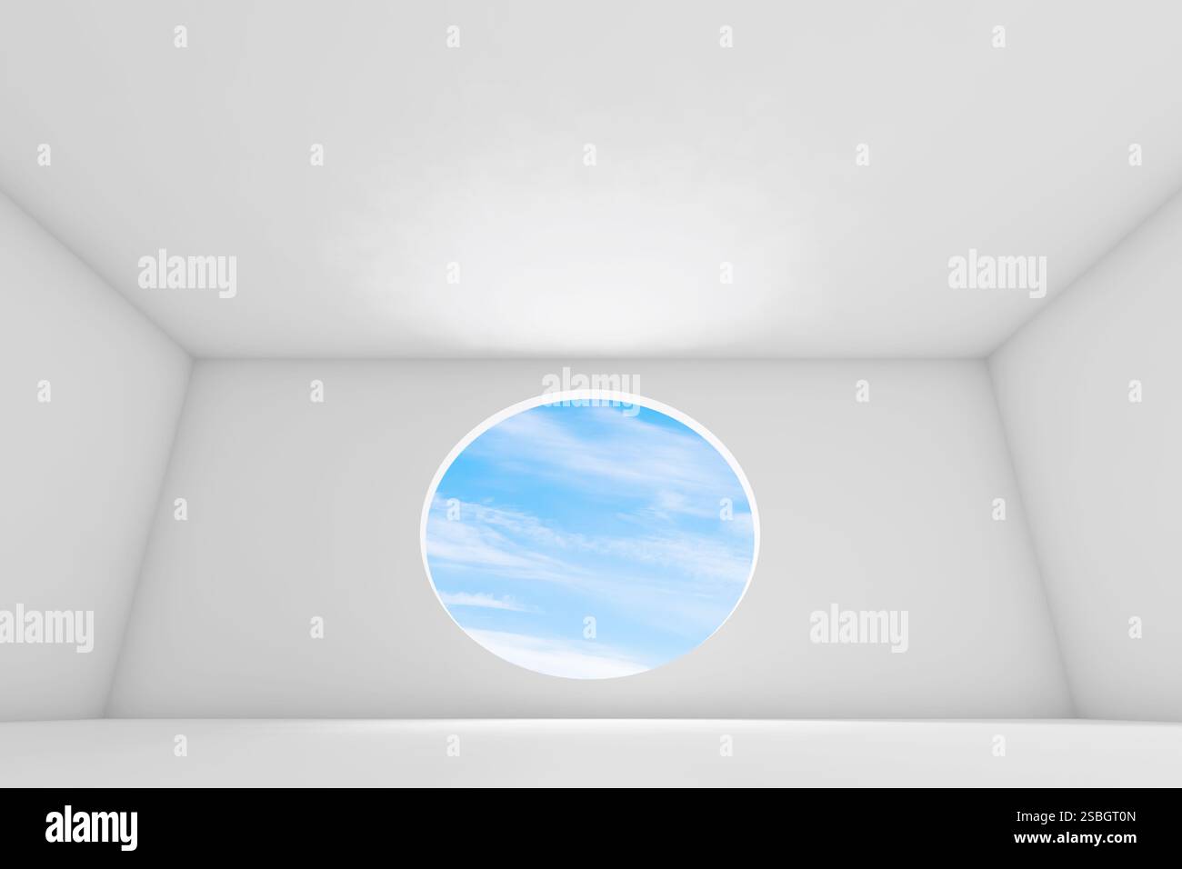 Abstract white interior background, empty room with blue sky behind a ...
