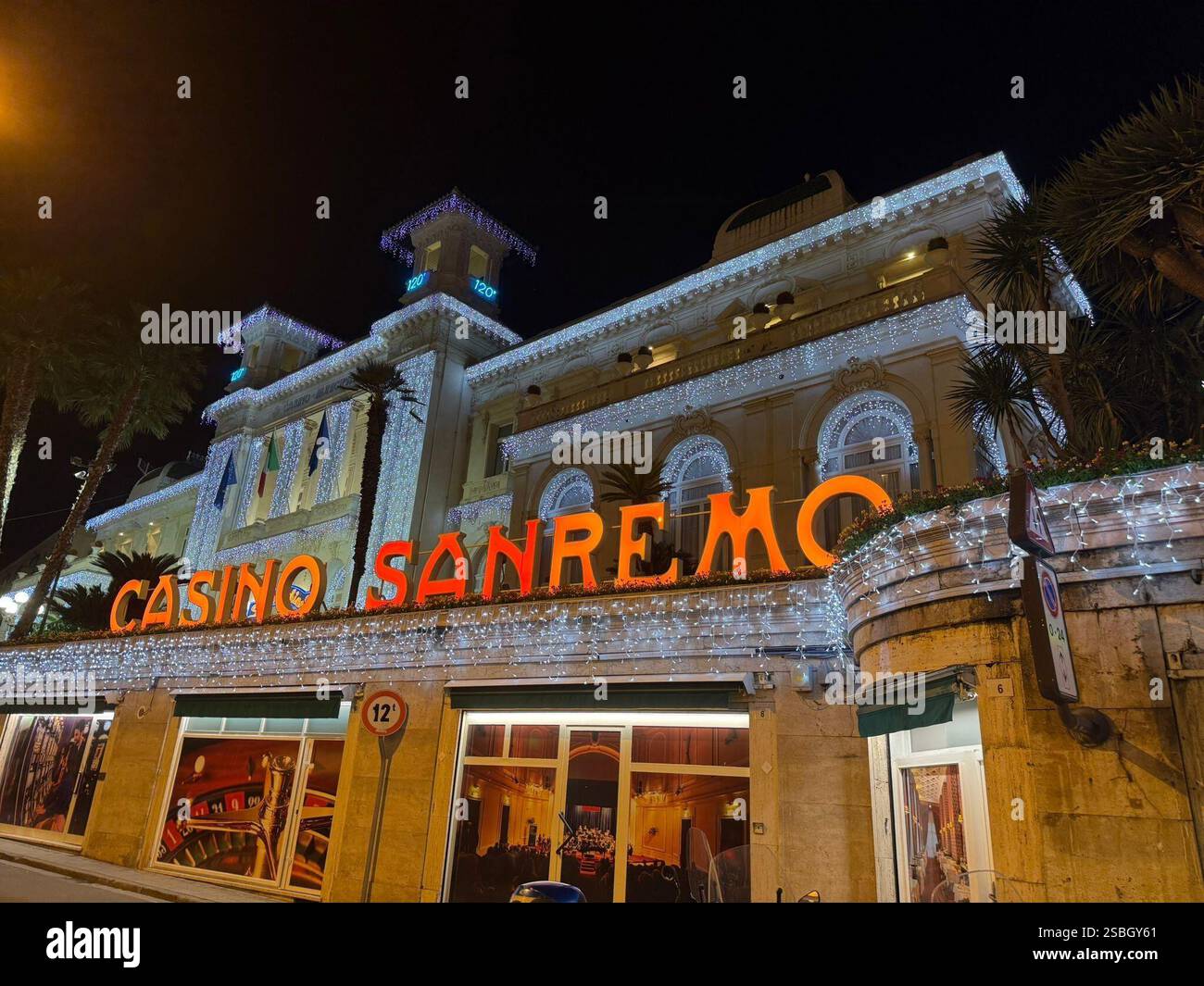 31 January 2025, Italy, Sanremo The Sanremo Casino at night. The