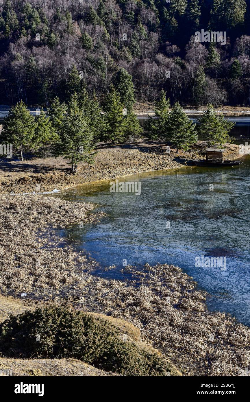 Dense forests and pristine shores around Bita Hai Lake at 3,500m in Pudacuo National Park, China' first national park. Shangri-La, Yunnan, China Stock Photo