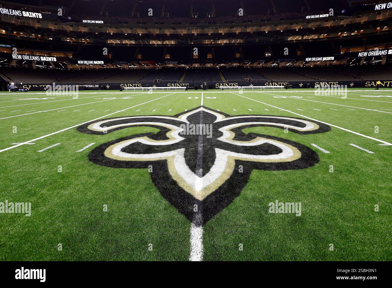 FILE - The fleur-de-lis logo of the New Orleans Saints is displayed on ...