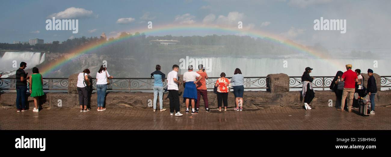 Niagara Falls, Canada, 31 July 2023: Tourists gather along the railing ...