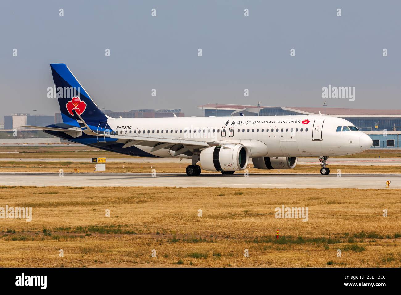 Beijing, China - April 13, 2024: Qingdao Airlines Airbus A320neo airplane at Beijing Daxing Airport in China. Stock Photo
