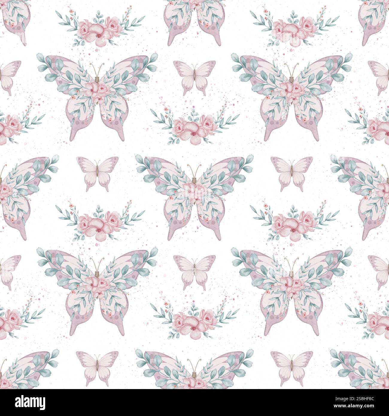 Floral Butterfly with pink Flowers and leaves. Watercolor seamless ...