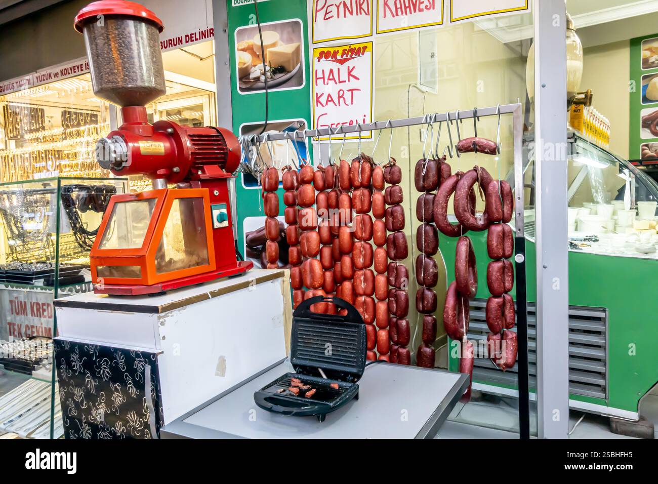 Sausage stand in the market, grill, coffee maker, coffeemaker, shop in Mersin Turkey Stock Photo