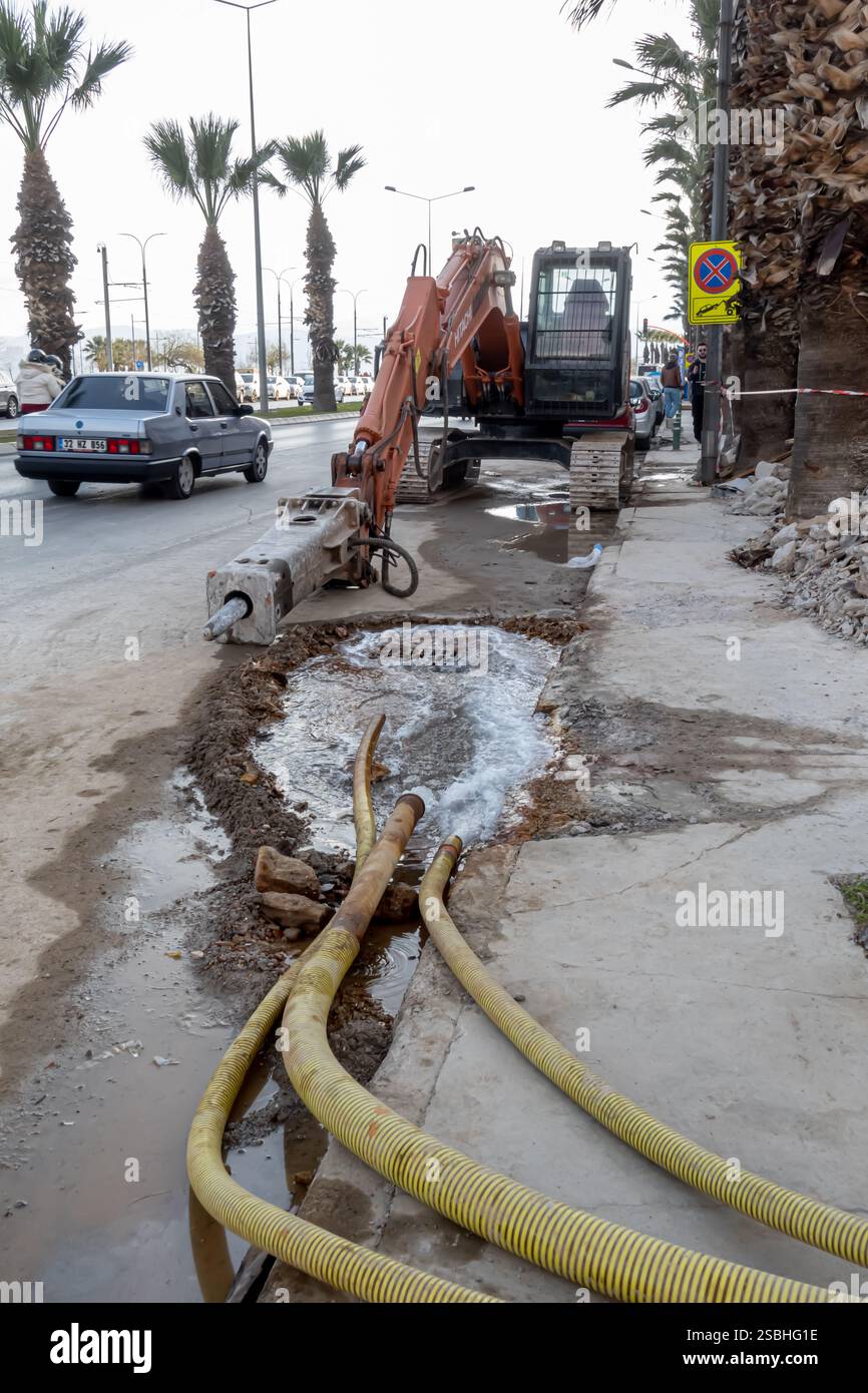 pipes pumping water to sewage, construction site, Izmir Turkey Turkiye Stock Photo