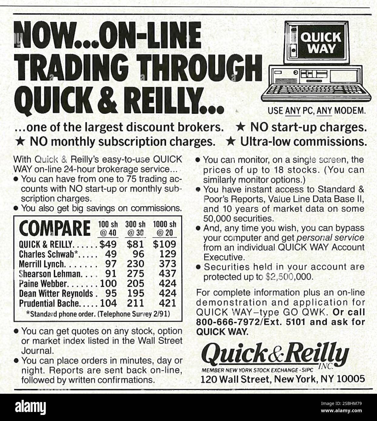 1991 US Quick & Reilly, Inc online brokerage service ad -  one of the three largest discount brokerage houses in the USA - "Use any PC, any modem" Stock Photo