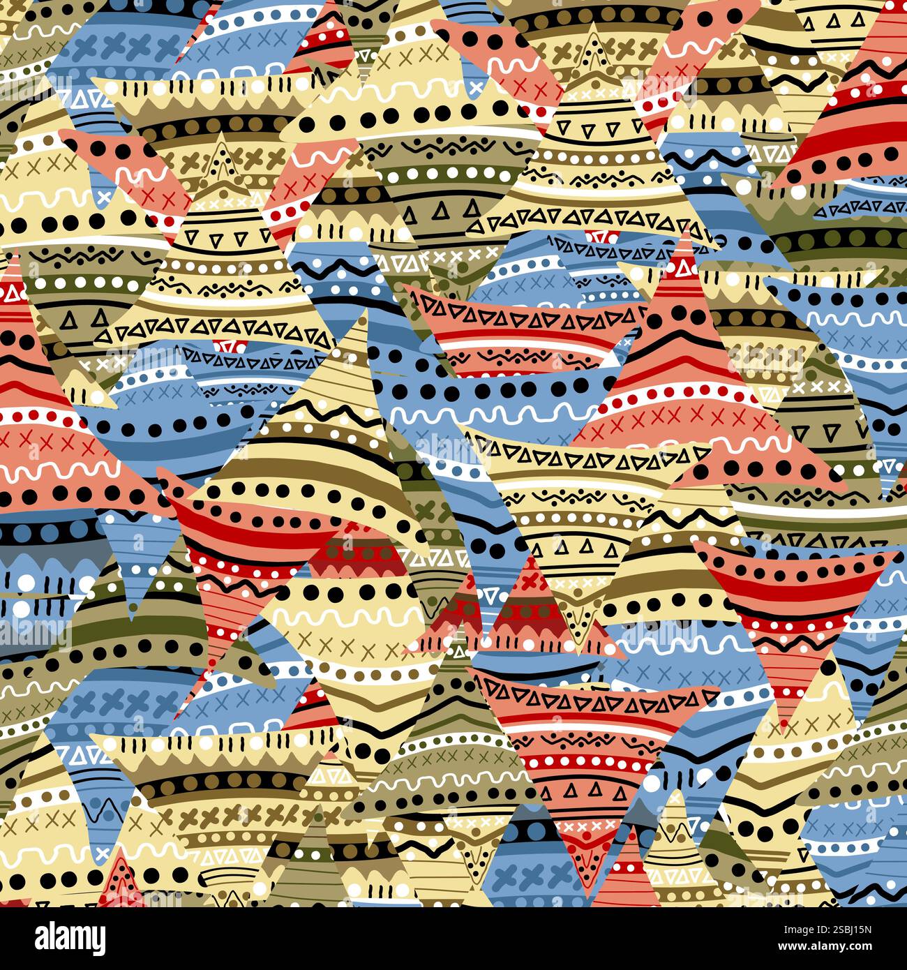 Ethnic colored seamless pattern with triangles in doodle style made of lines and dots Stock Vector