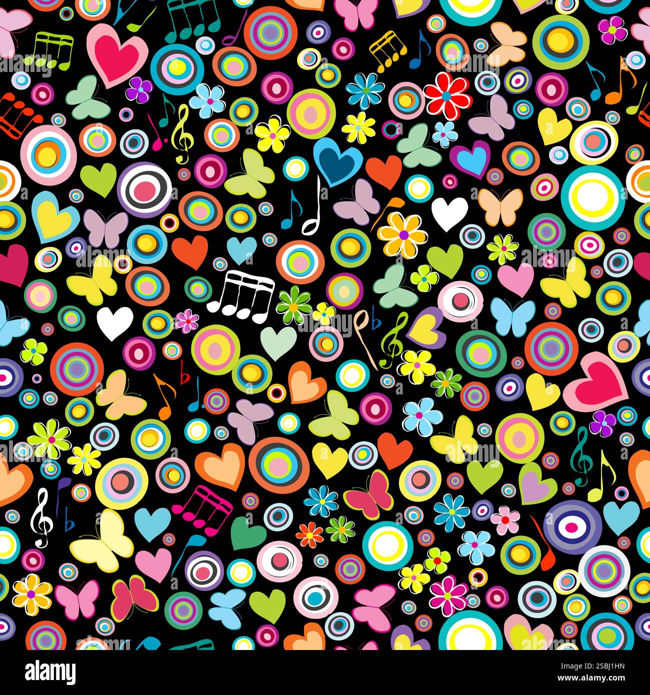 Seamless pattern with flowers, hearts, musical notes and round shapes on black background Stock Vector