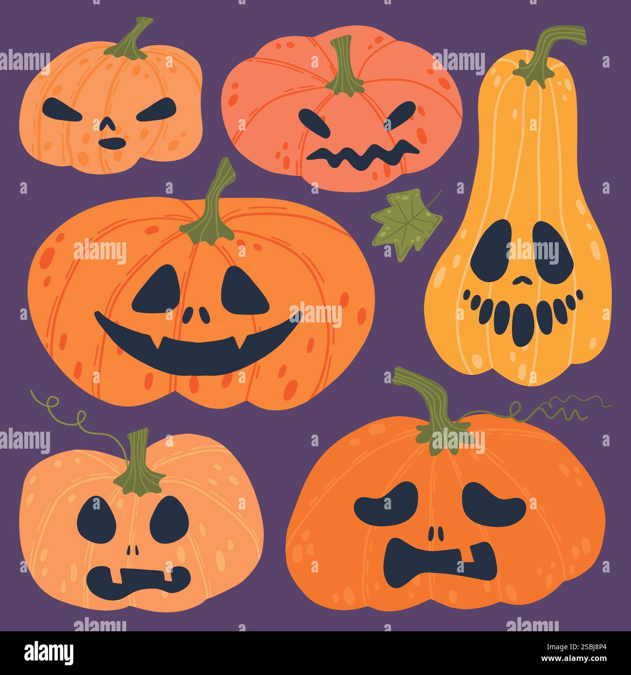 A collection of illustrated Halloween pumpkins with various spooky and ...