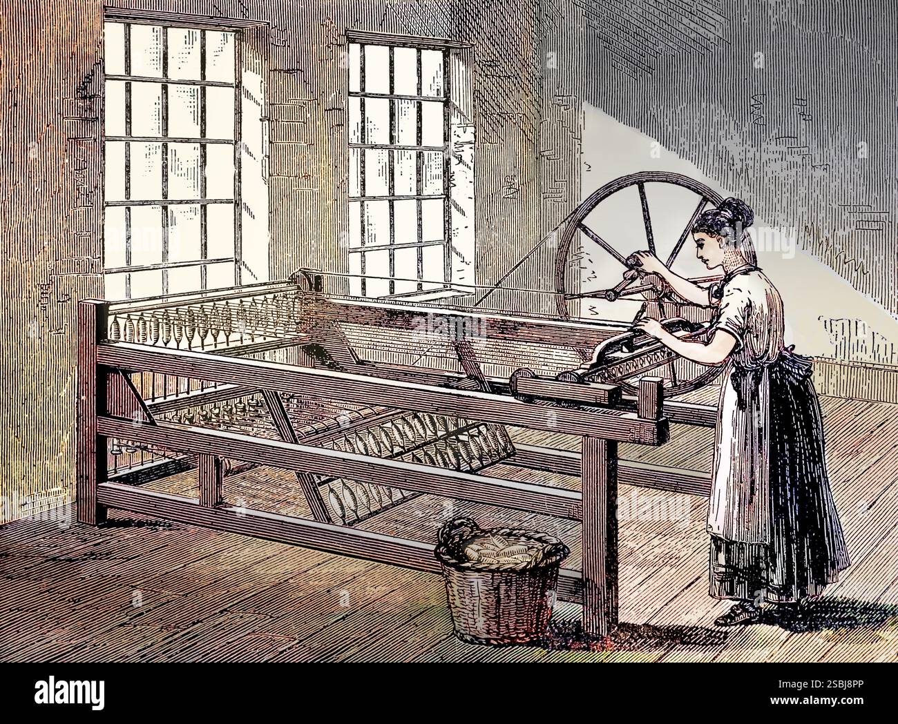 James Hargreaves (1720 - April 22, 1778) was an English weaver, carpenter and inventor. In 1764 he invented the spinning jenny, a multi-spindle spinning frame. It was one of the key developments in the industrialization of weaving. The device reduced the amount of work needed to produce cloth, with a worker able to work eight or more spools at once. This grew to 120 as technology advanced. Illustration from Heroes and Martyrs of Invention by George M. Towle, 1890. Stock Photo