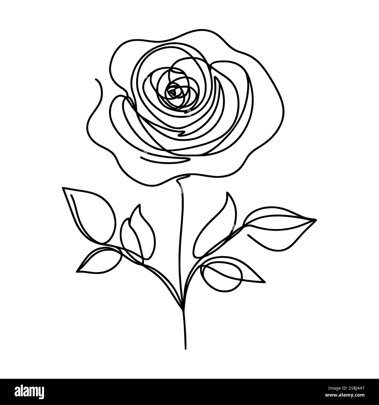 Linear rose icon. Black and white image of a hand-drawn rose flower ...