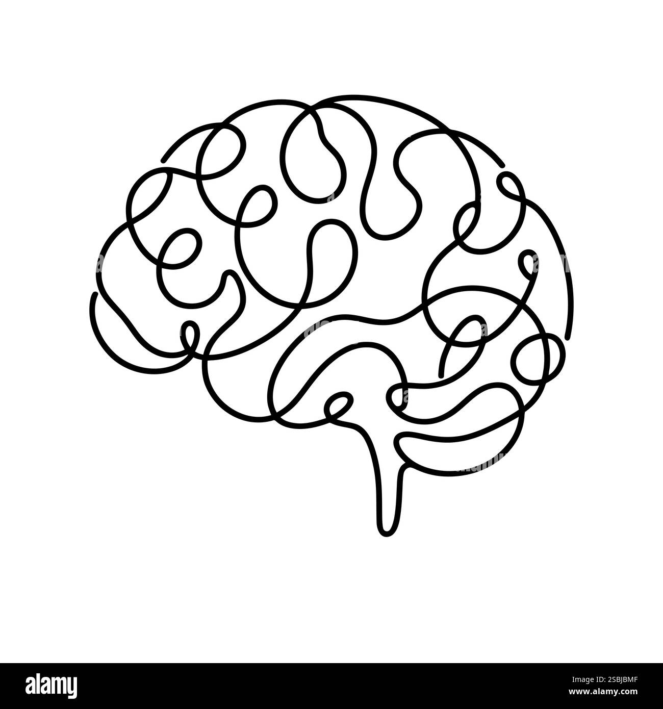 Linear human brain icon. Black and white image of a hand-drawn human ...