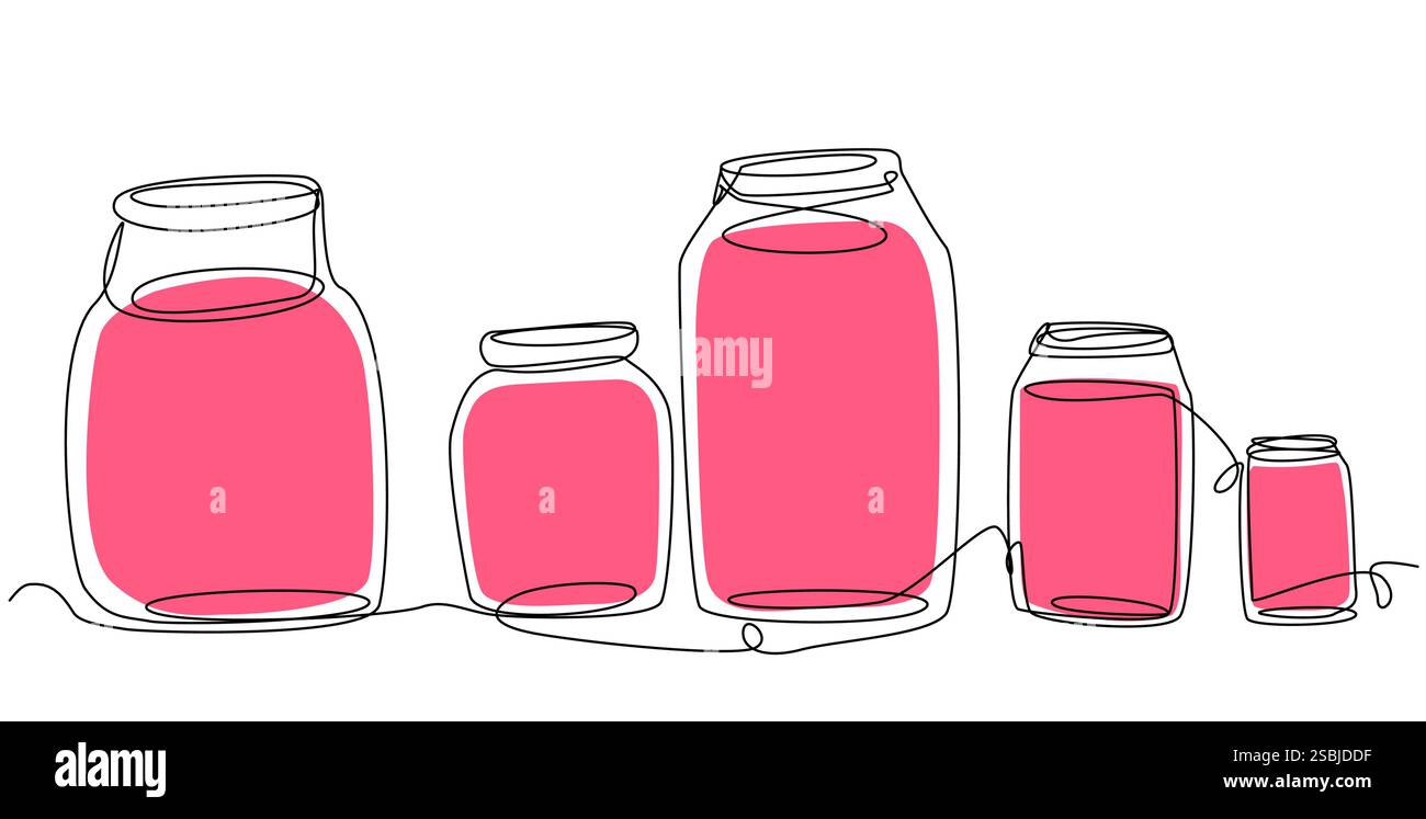 Jars with raspberry liquid in one line on a white background.  Stock Vector