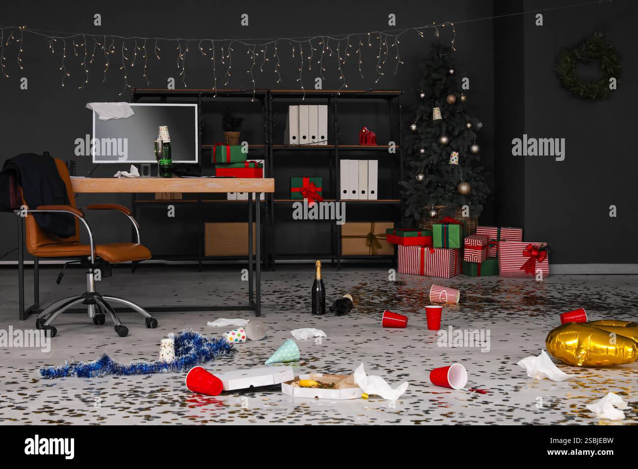 Interior of messy office with workplace after New Year party Stock ...