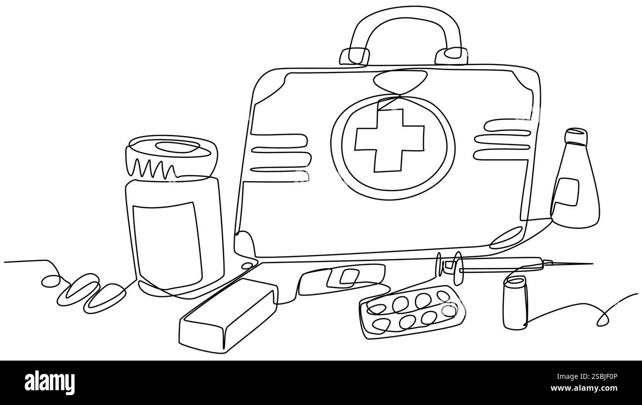 One line Medical set first aid kit isolated on white background Stock ...