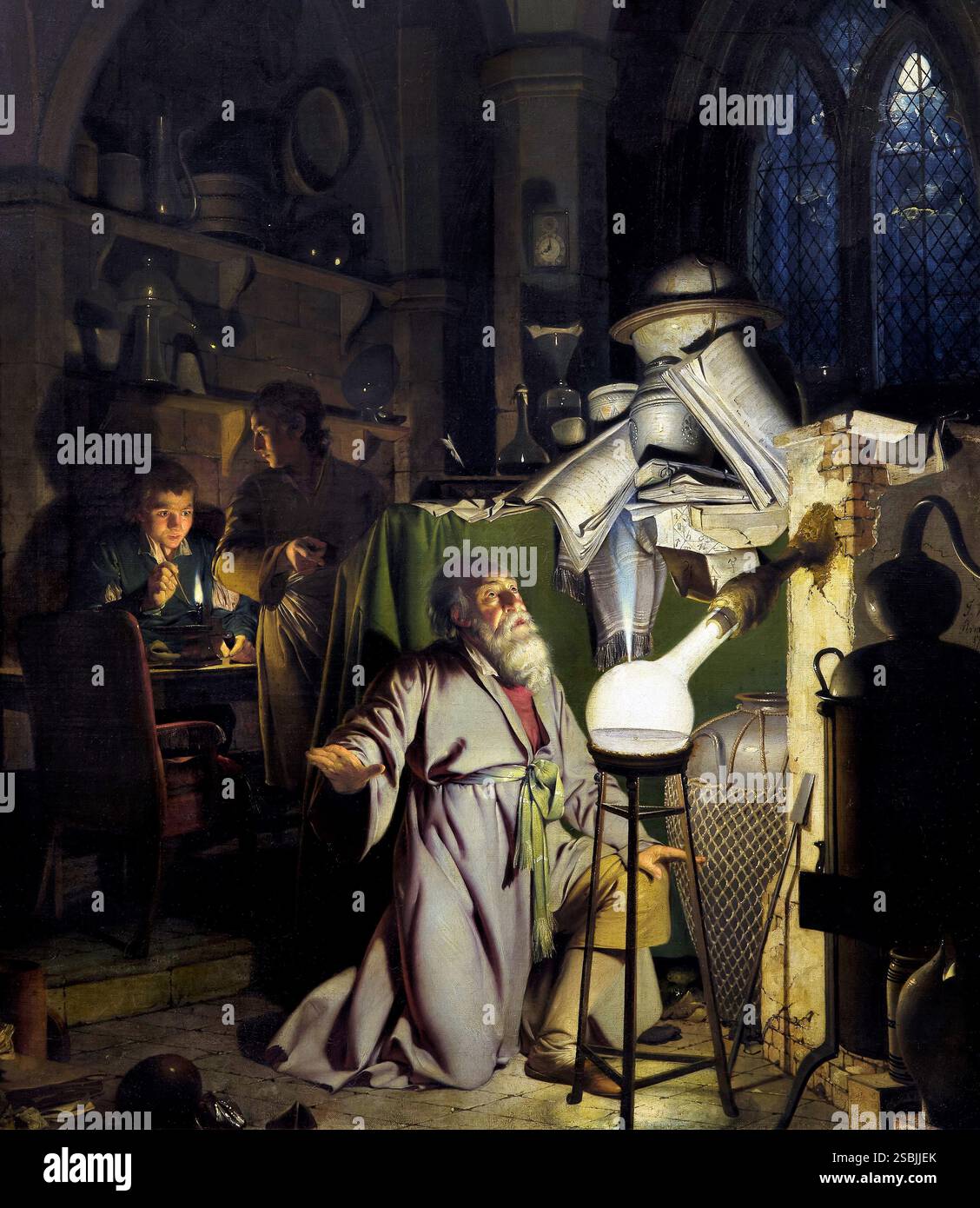 Detail from The Alchemist Discovering Phosphorus, 1771, by Joseph Wright, depicting the German alchemist Hennig Brand accidentally discovering the chemical element phosphorus in 1669 while he was searching for the philosopher's stone. Stock Photo
