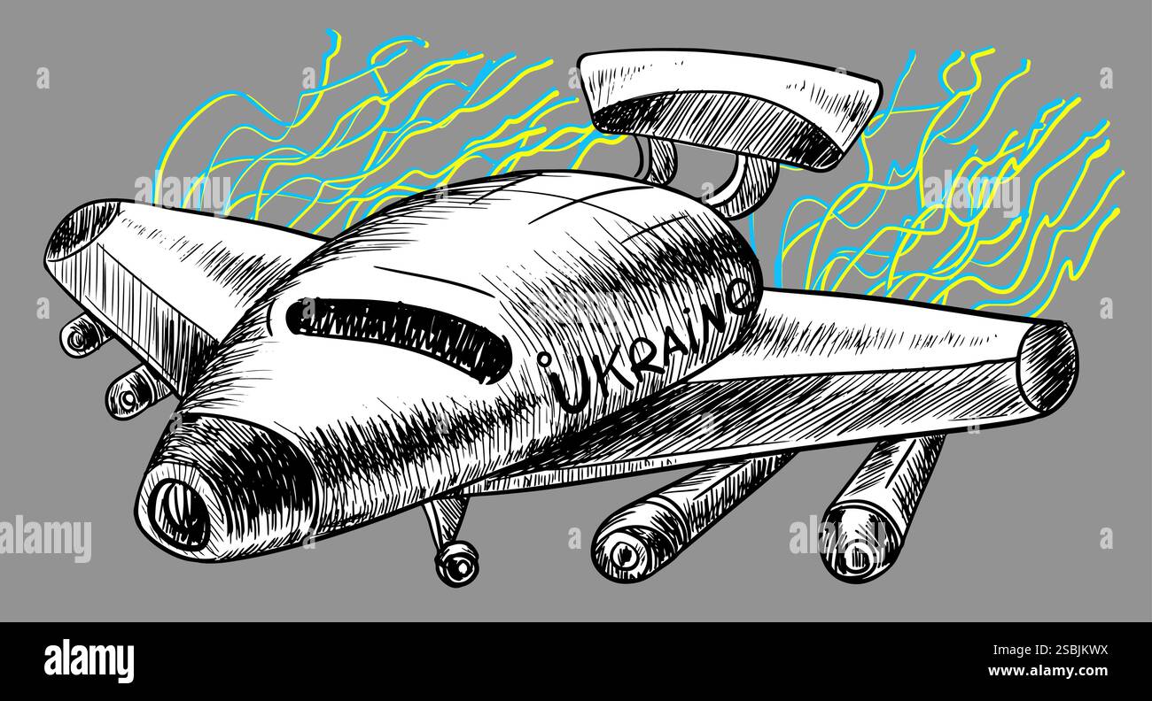 A sketch with a Ukrainian unmanned aerial vehicle. Stock Vector