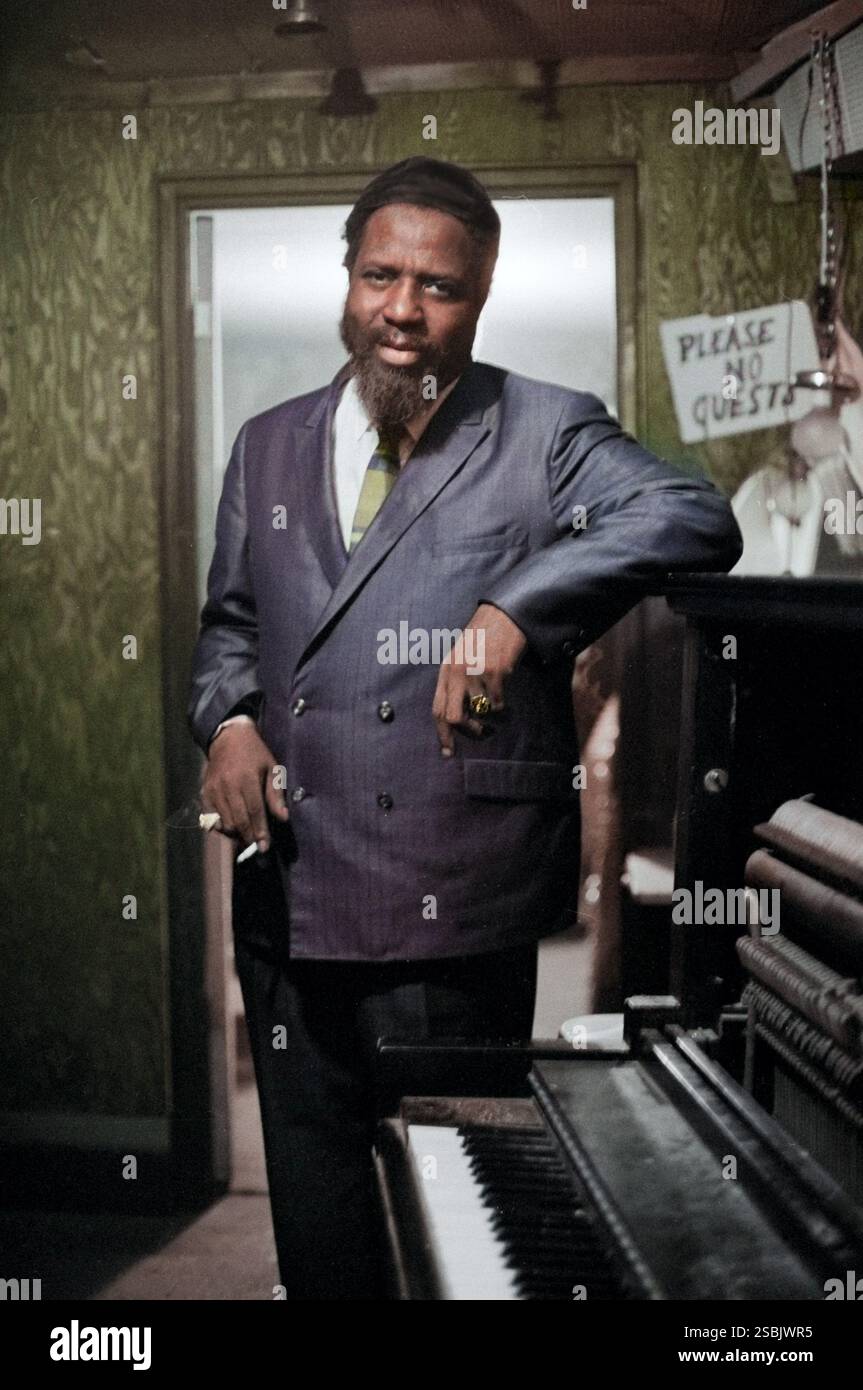 American jazz pianist and composer Thelonious Monk (1917-1982) at the Village Gate, New York City, October 1968. Photograph by Bernard Gotfryd. Colorized. Stock Photo