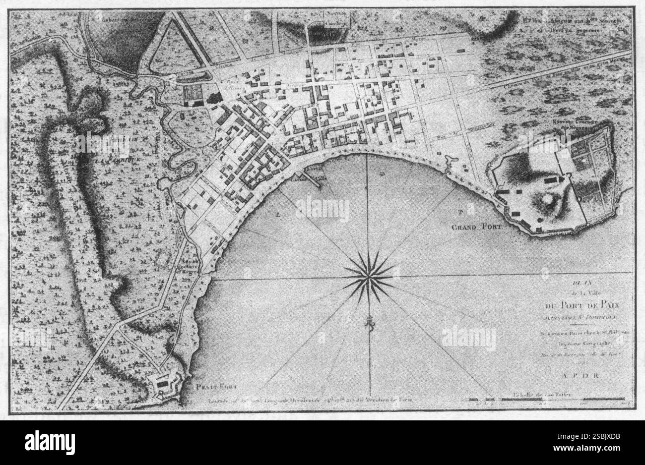 Map of the Town of Port de Paix or Port of Peace in the island of Saint Dominico. Dominican Republic 1700's. Stock Photo