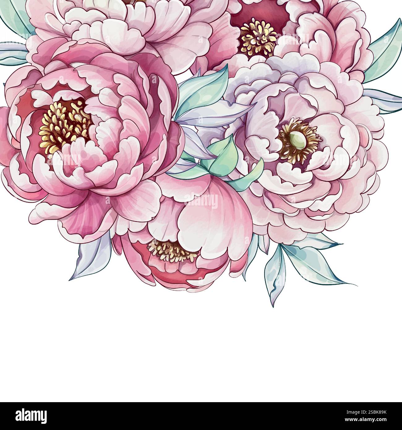 Delicate peonies in various shades of pink and white bloom gracefully among lush green leaves, creating a serene floral composition template Stock Vector