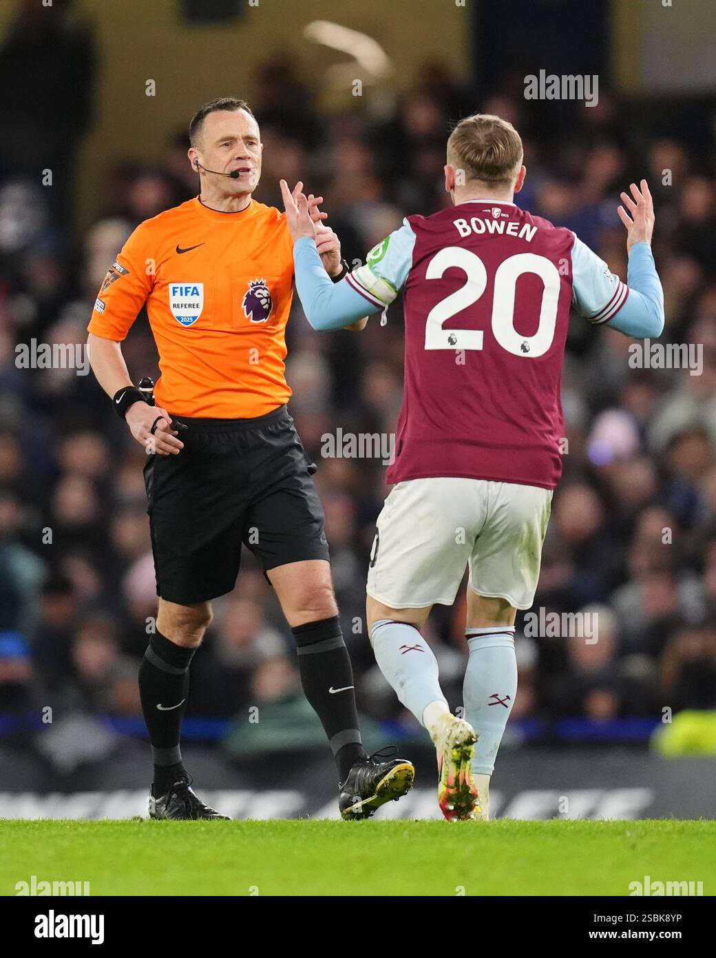 West Ham United's Jarrod Bowen speaks to referee Stuart Attwell during