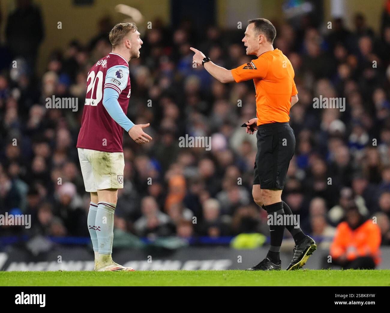 West Ham United's Jarrod Bowen speaks to referee Stuart Attwell during