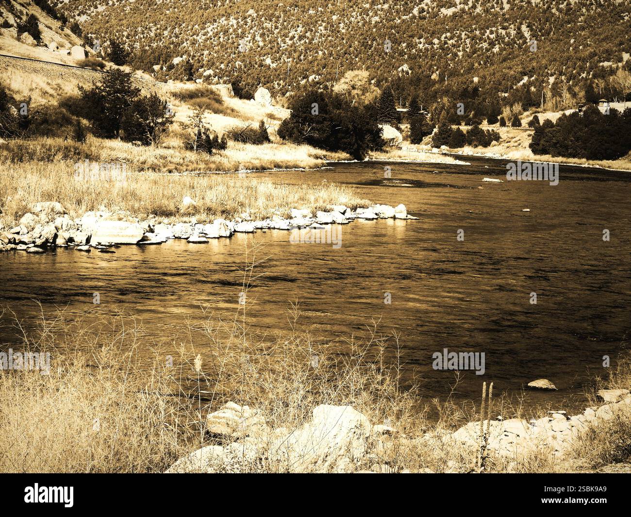 Bronze monochrome of the Wind River Canyon, Wyoming. Stock Photo