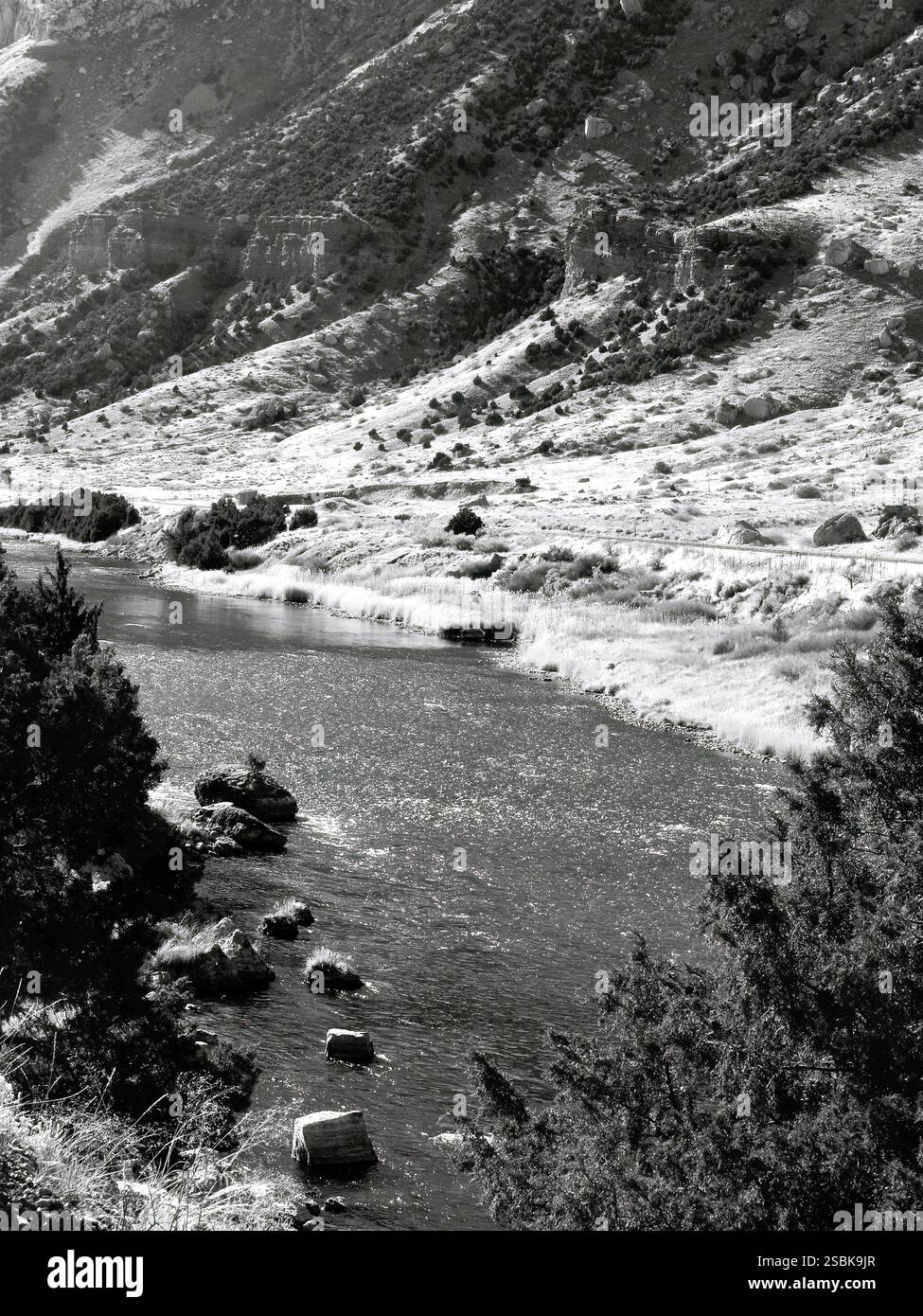 Monochrome of Wind River Canyon, river, trees, hills, and rocks. Stock Photo