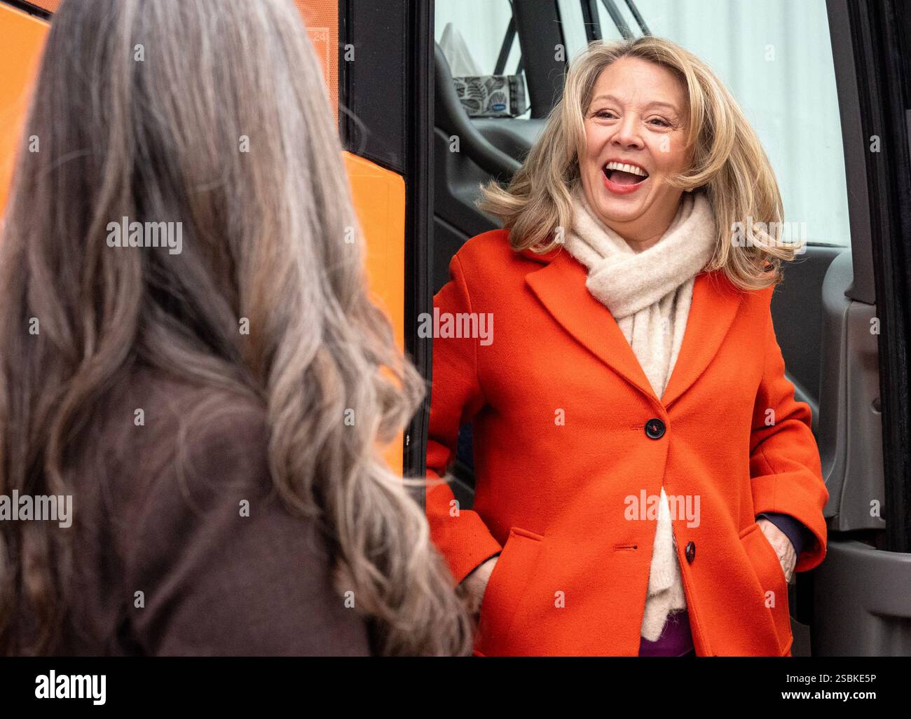 Ontario NDP Leader Marit Stiles (right) is greeted by candidate