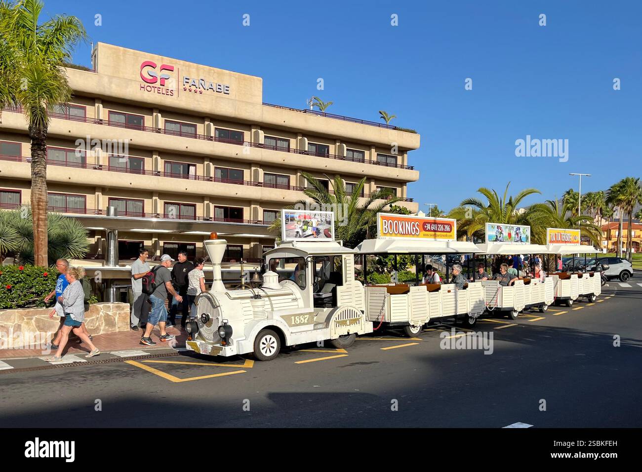 Land Train parked outside the GF Fanabe Hotel in Costa Adeje. Tenerife, Canary Islands, Spain. 16th January 2025. - Smartphone Captured Stock Image