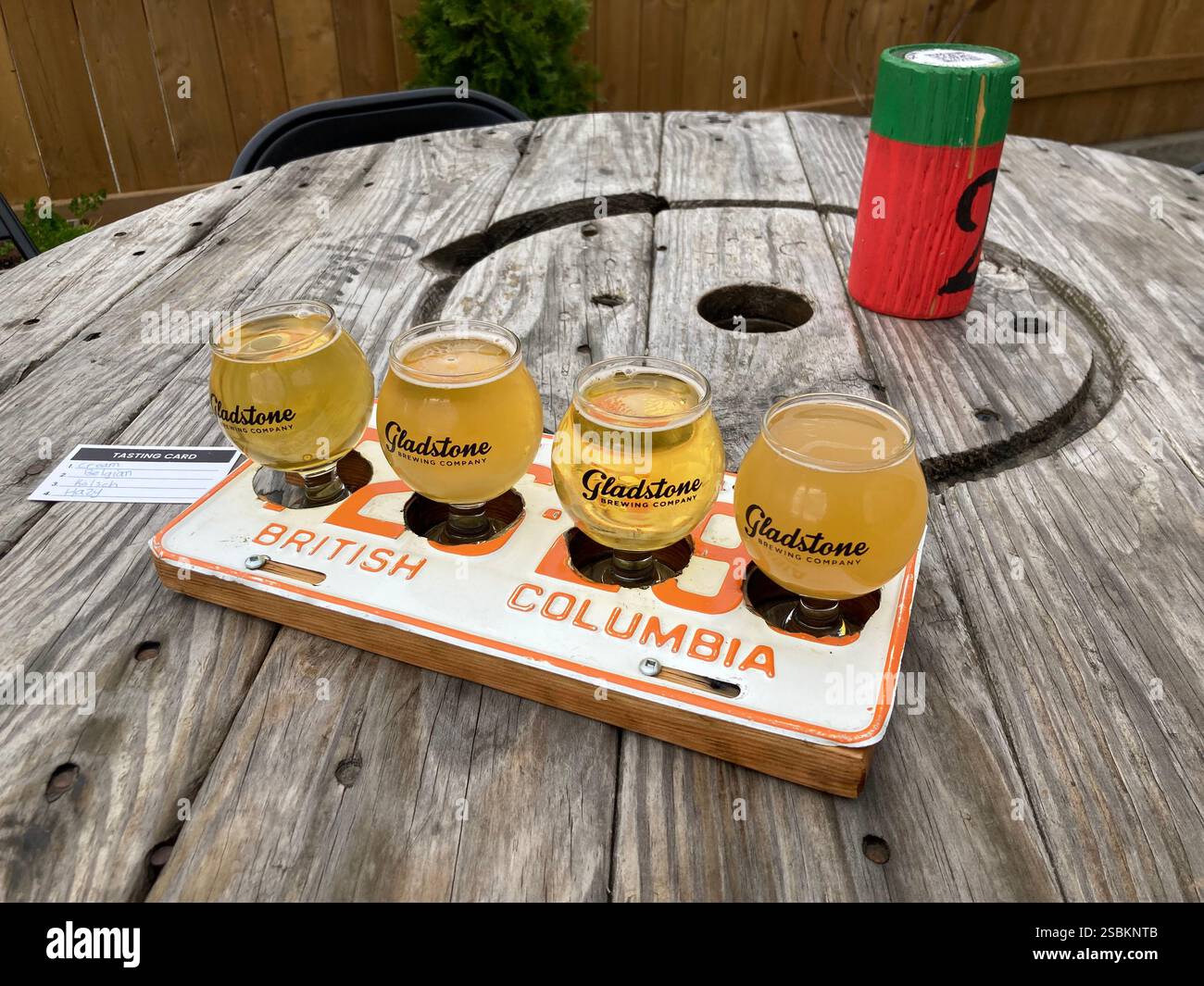 Beer tasting at Gladstone Brewing Company craft brewery in Courtenay, Comox Valley, Vancouver Island, Canada - Smartphone Captured Stock Image