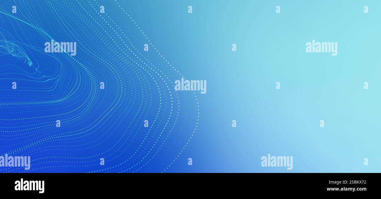 Dynamic wavy pattern created by dots forming concentric circles on a gradient blue background, ideal for technology or abstract concepts Stock Photo