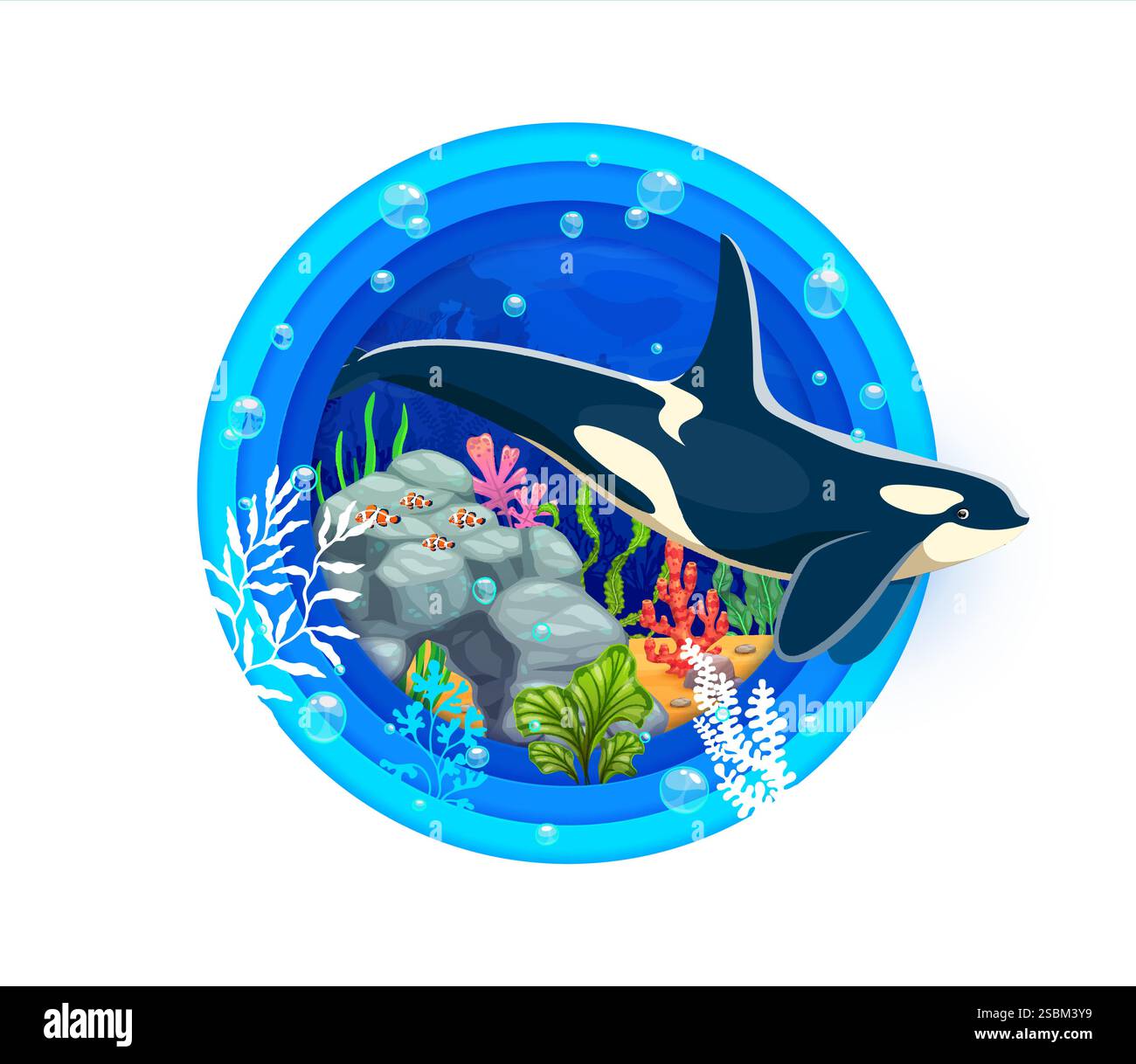 Paper cut underwater landscape with killer whale and ocean fishes ...
