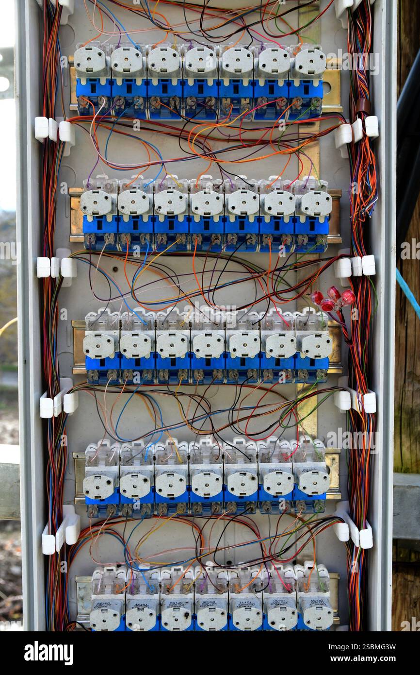 Telecom Line Box Electrical connection box on a wooden pole for telecom and electrical ...